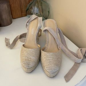 Tan sparkle and linen espadrille wedges